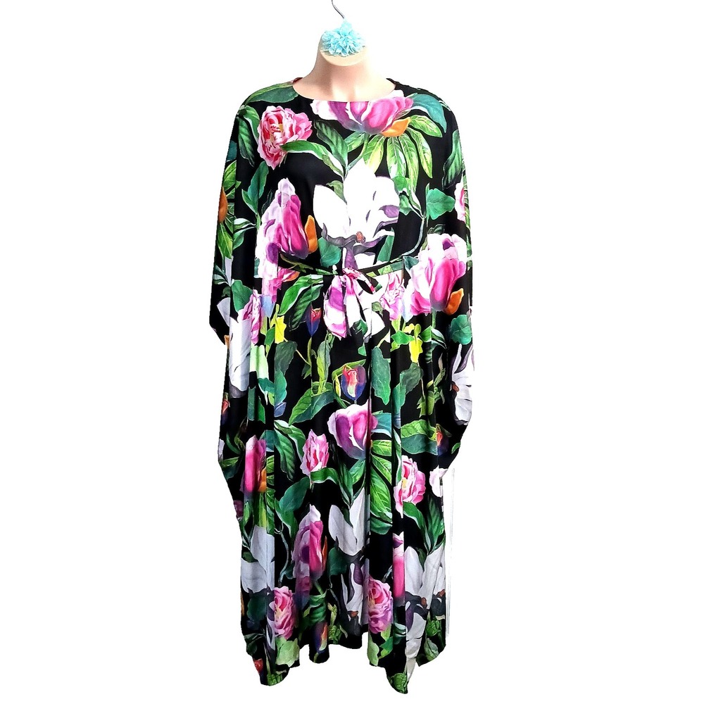 Kilo Brava Women Caftan Maxi Dress S Black Floral Oversized Resort Old Money